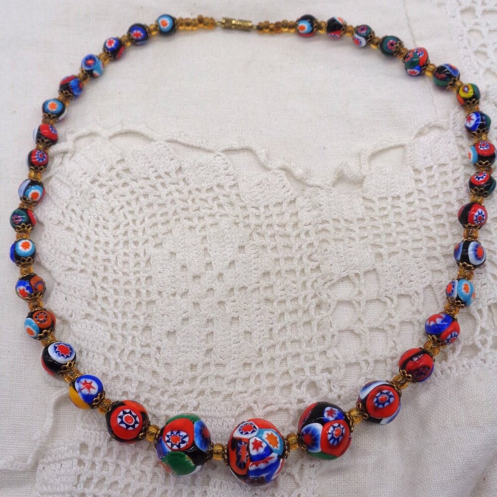 Vintage Colorful VENETIAN MILLEFIORI Graduated Glass BEAD NECKLACE 20"